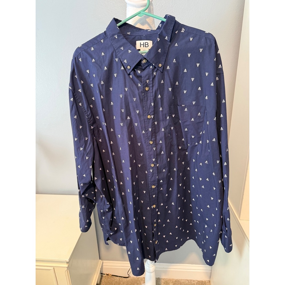 HB Mens 4XL Navy Blue Geometric Triangle Print Button Down Long Sleeve Shirt